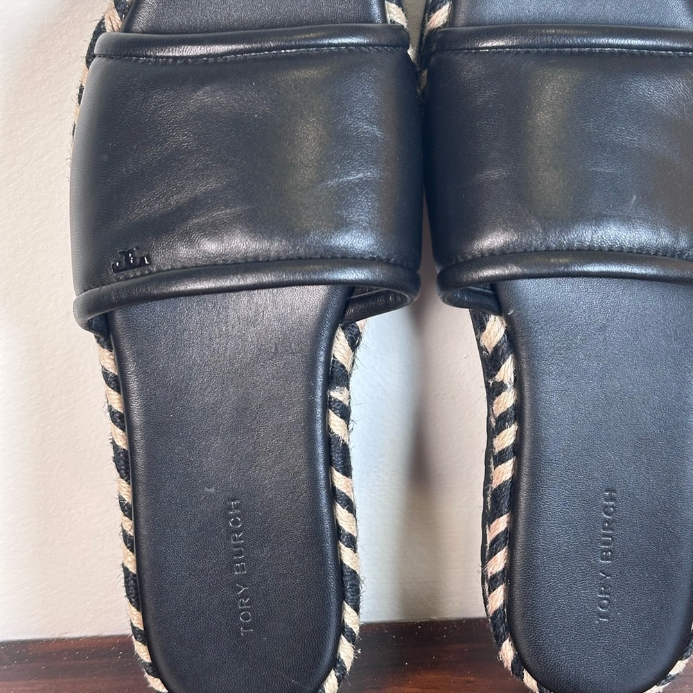 Tory Burch Espadrille Slide Sandal Braided Leather 7 Black Tan Open Toe Flat - Picture 2 of 6